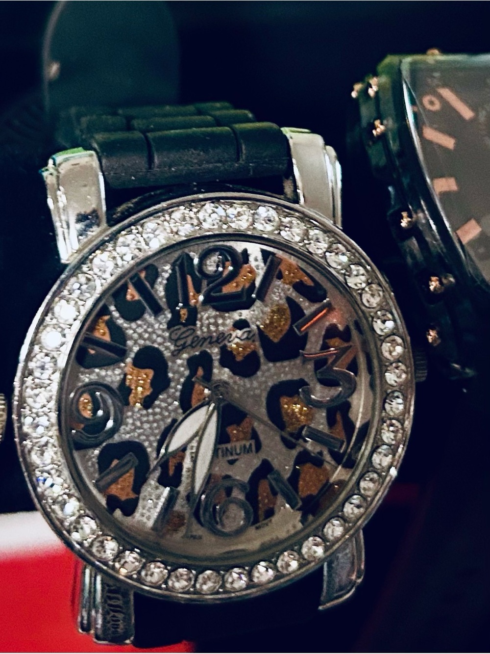 Watch Platinum Women's Leopard Accent Crystal Bezel Watch - Black and Gold